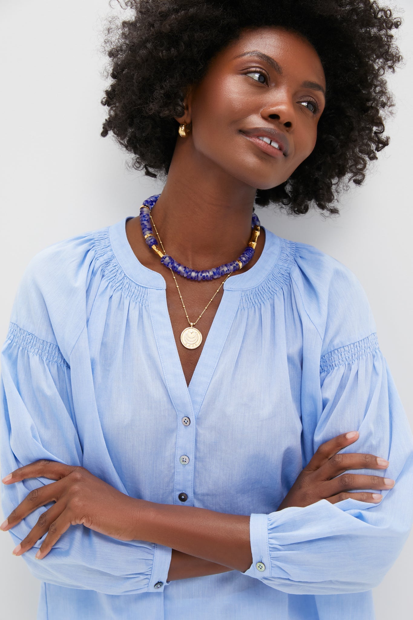Chambray Band Collar Ashton Popover Top