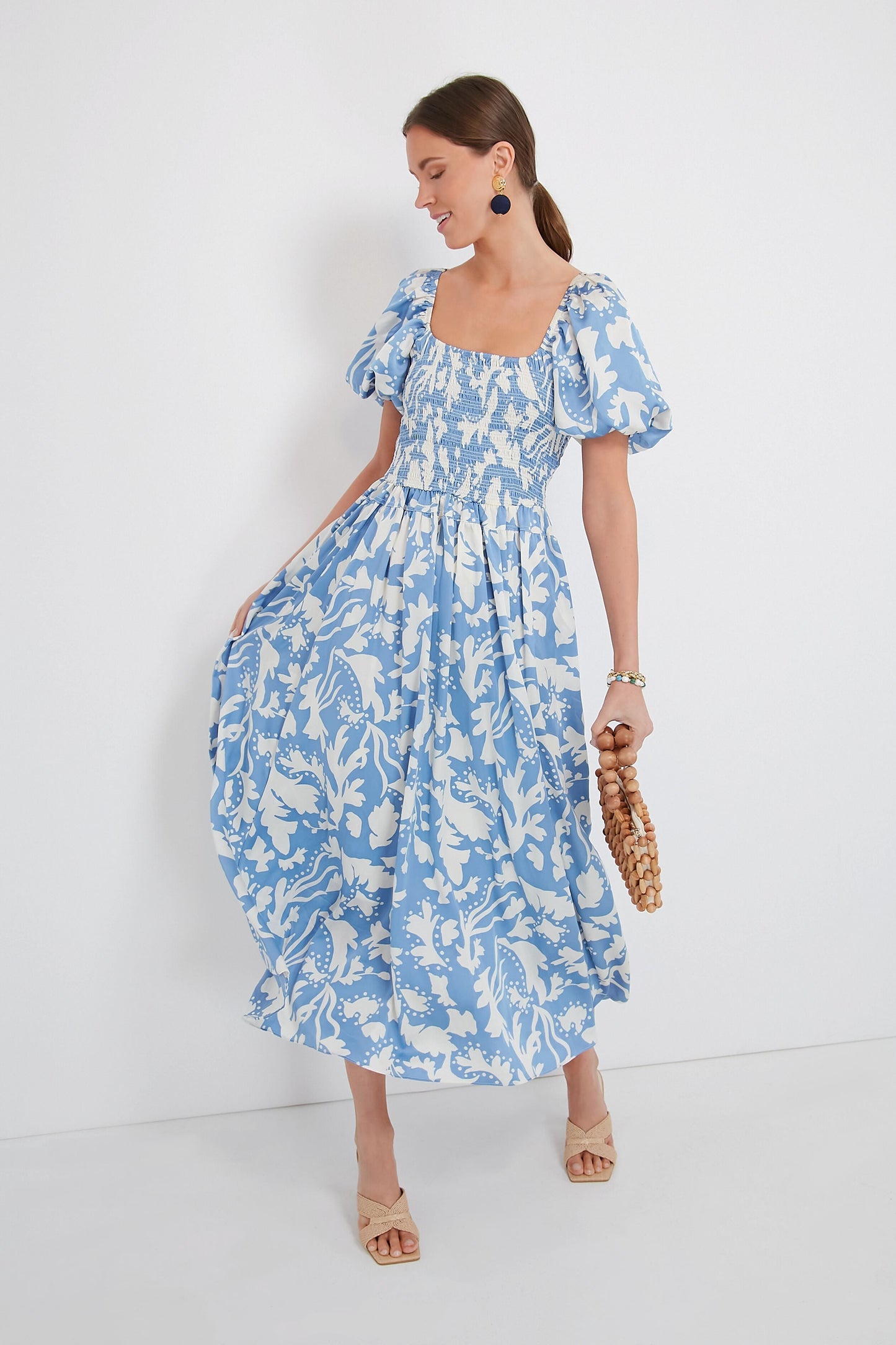 Blue Puff Sleeve Midi Dress