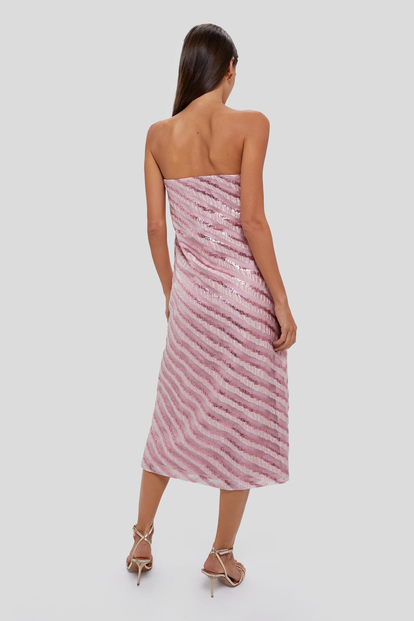 Soft Pink Shimmer Stripes Mila Strapless Midi Dress