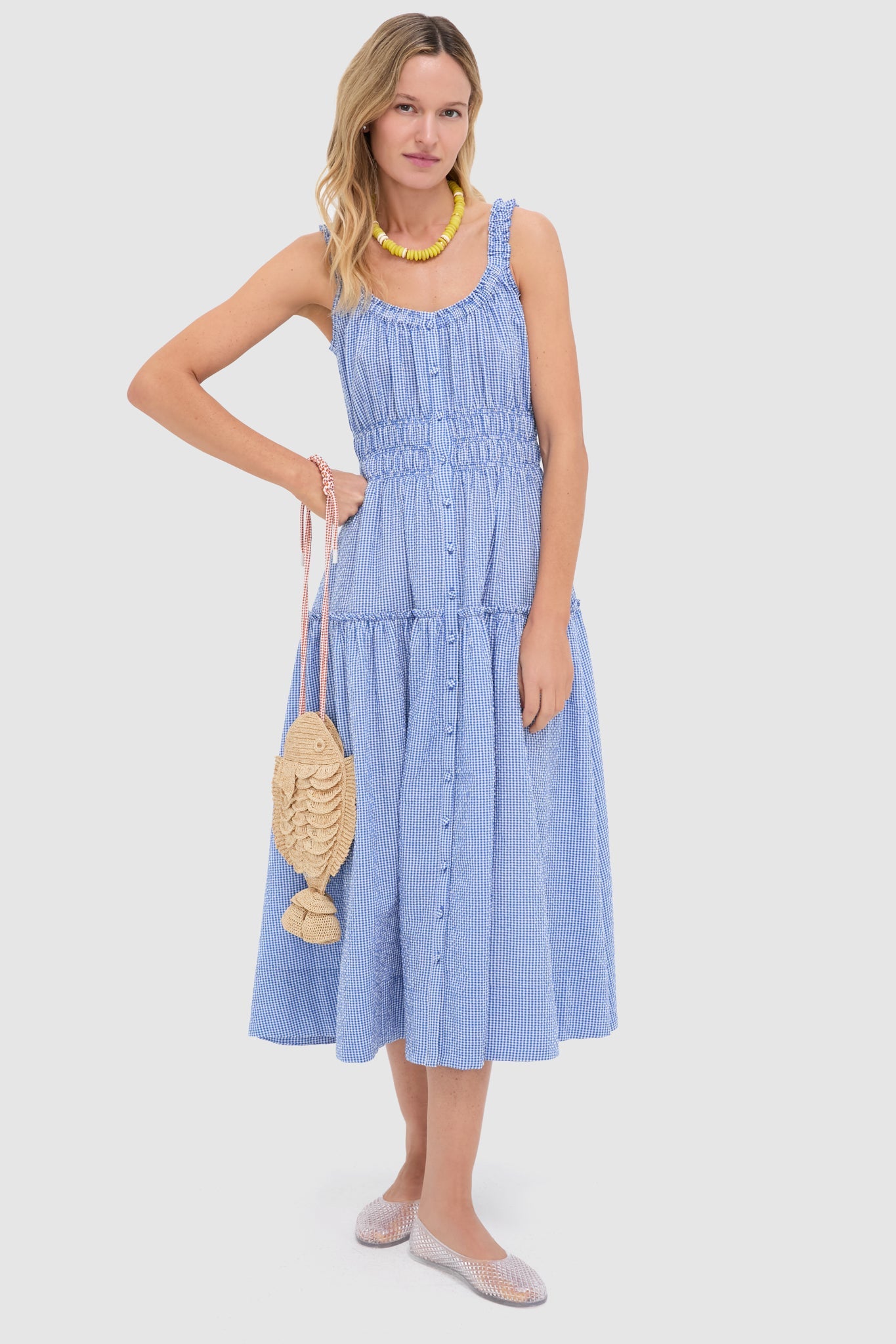 Blue and White Gingham Seersucker Landis Midi Dress