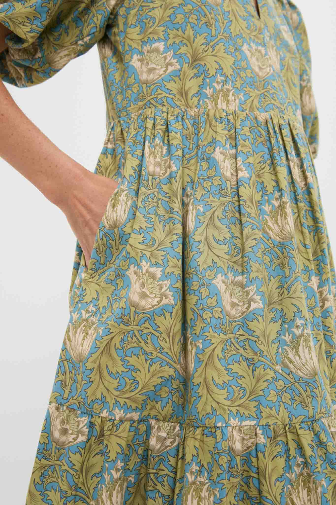 Blue and Green Leafy Floral Cisco Maxi Dress