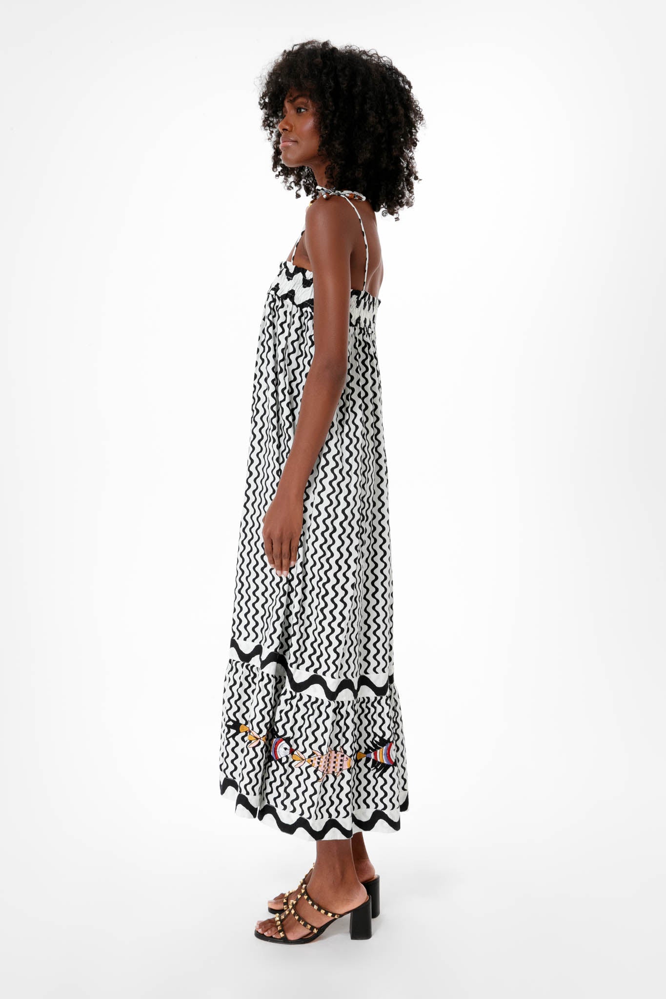 Black Ripple Tie Strap Smocked Straight Midi Dress