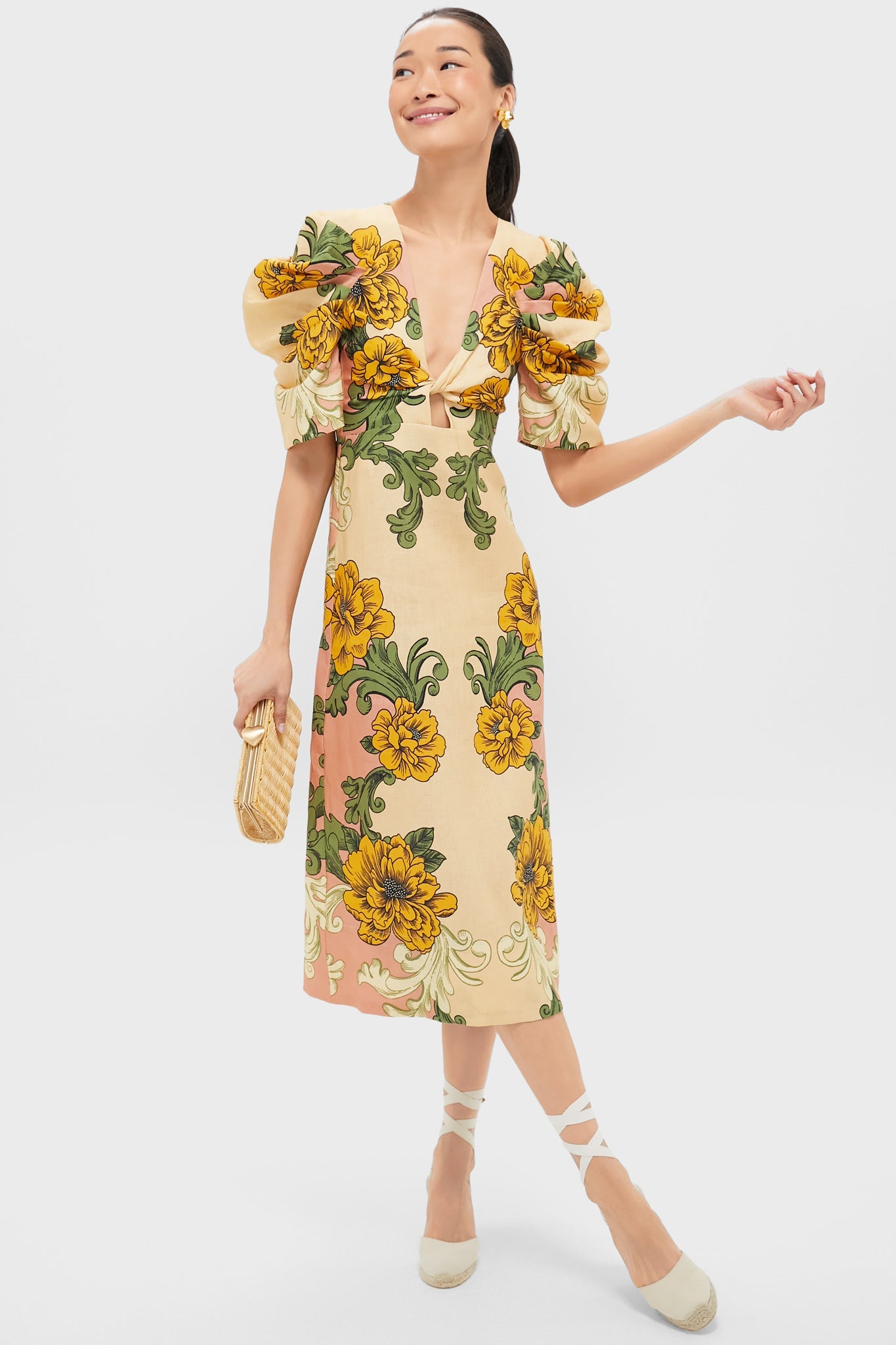 Delicate Flower Arabesques Short Sleeve Midi Dress