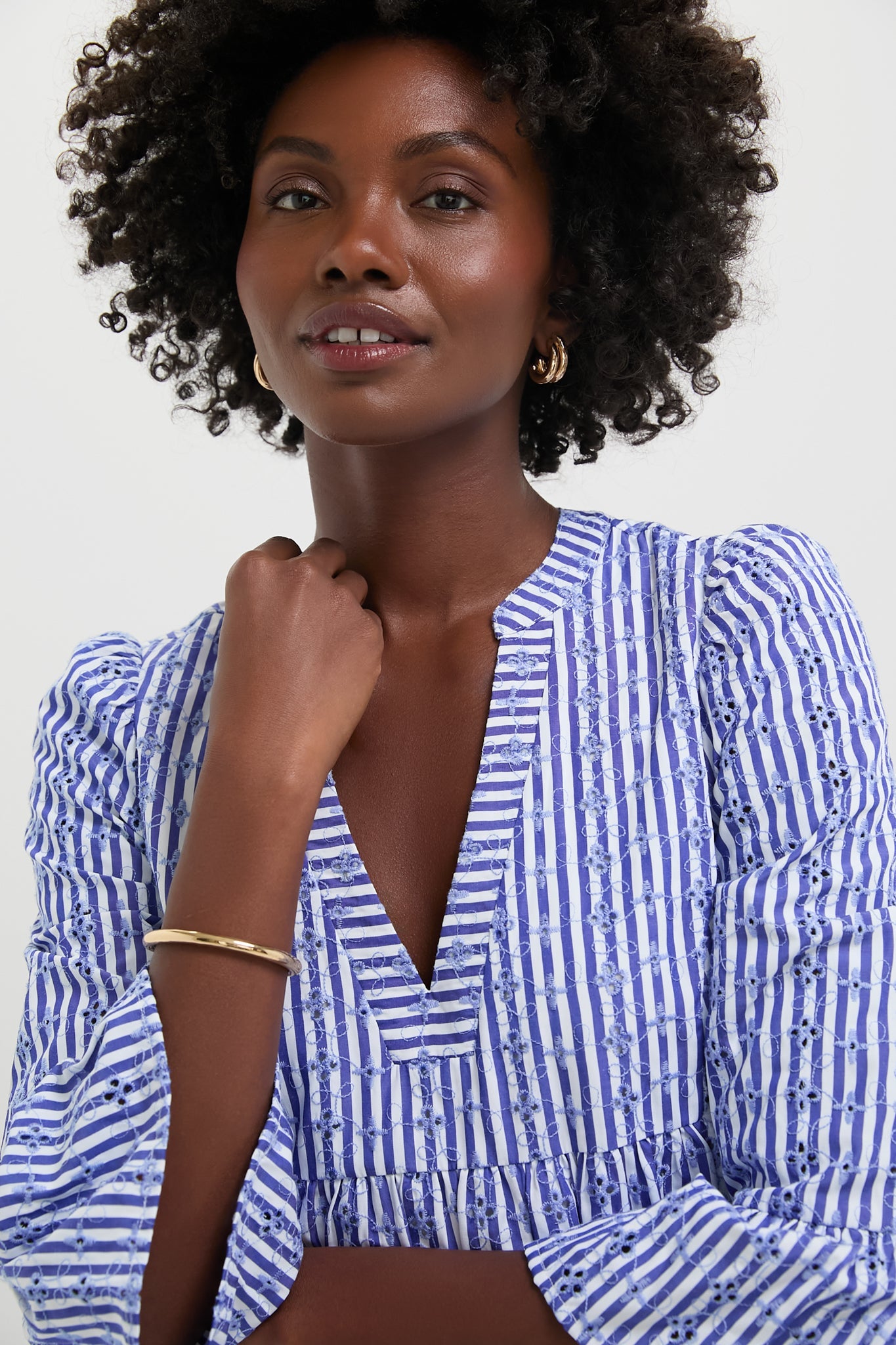Blue Stripe Floral Embroidered Lanie Dress