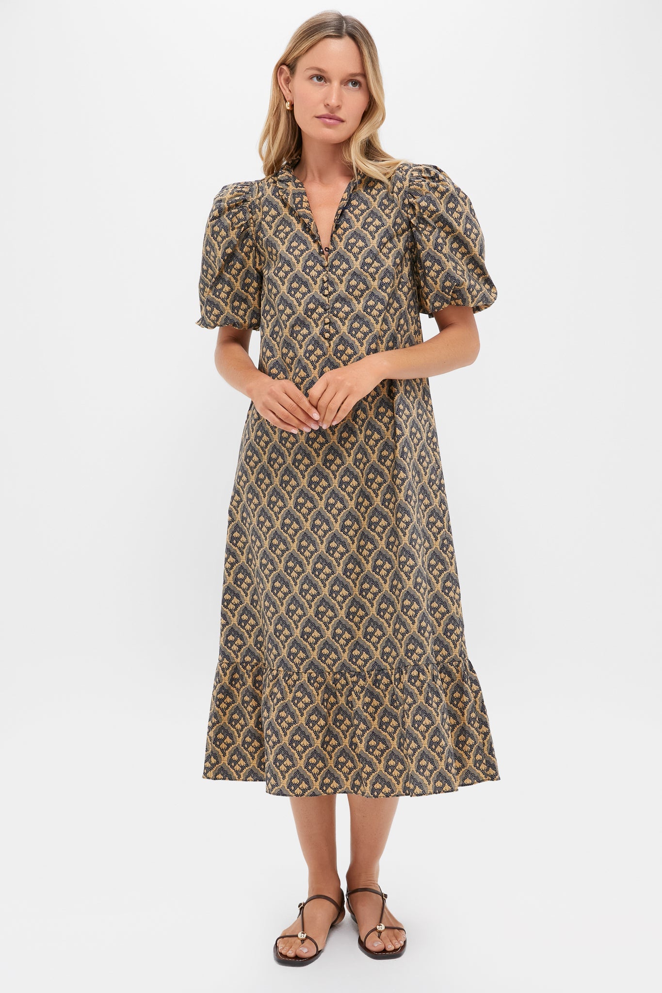 Navy & Tan Floral Mimi Midi Dress