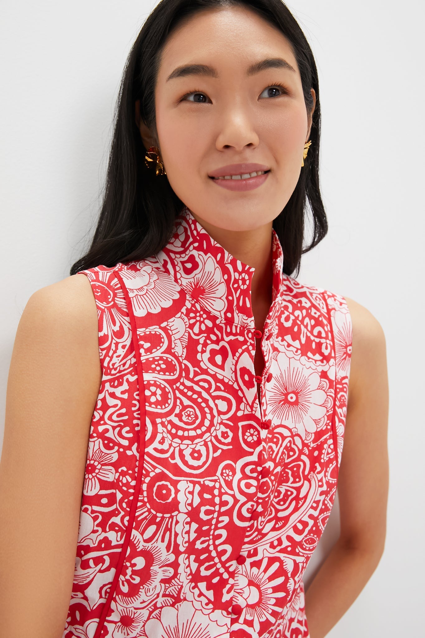 Sleeveless Red & White Floral Hillsborough Midi Dress
