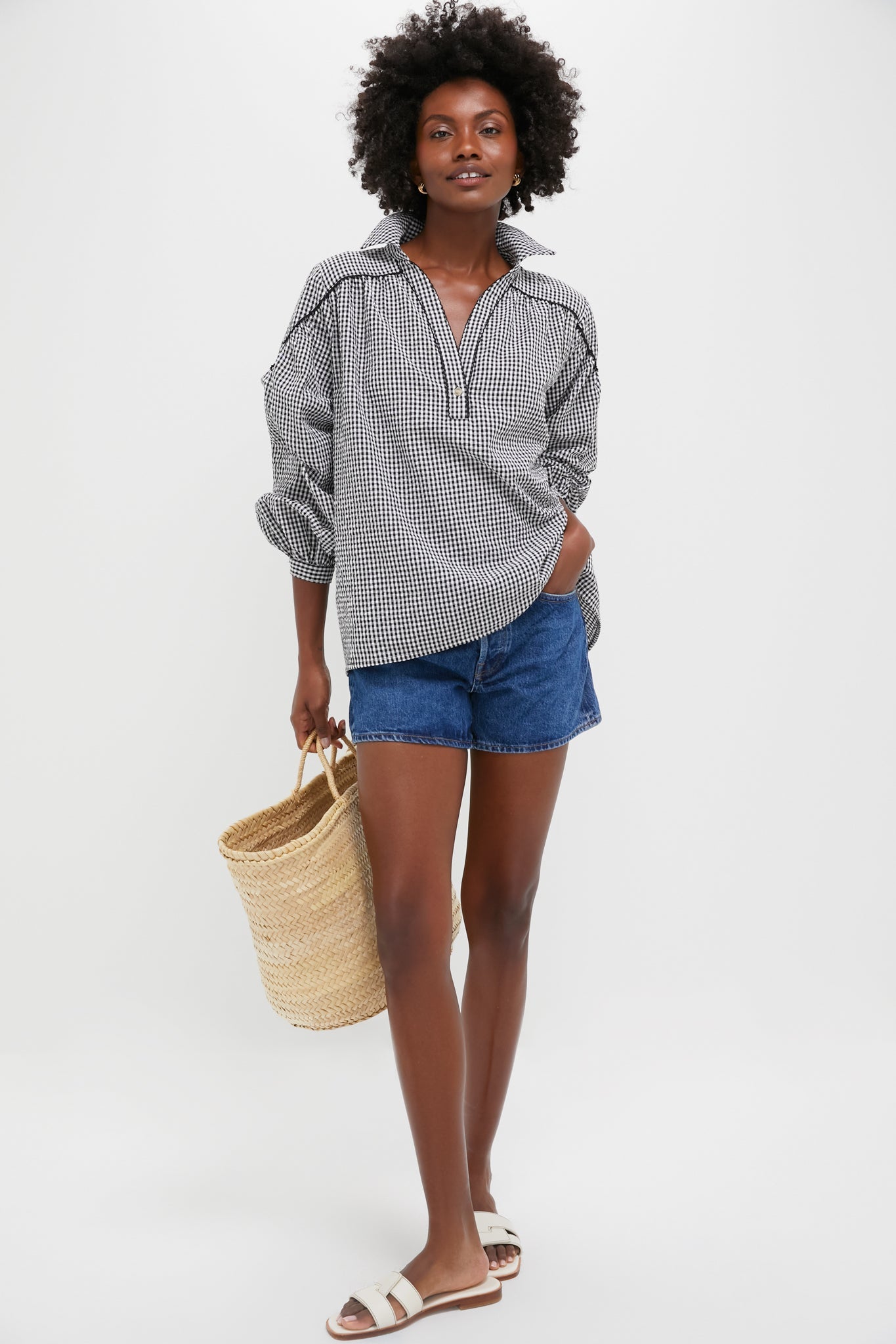 Black Gingham Seersucker Izzy Popover Top