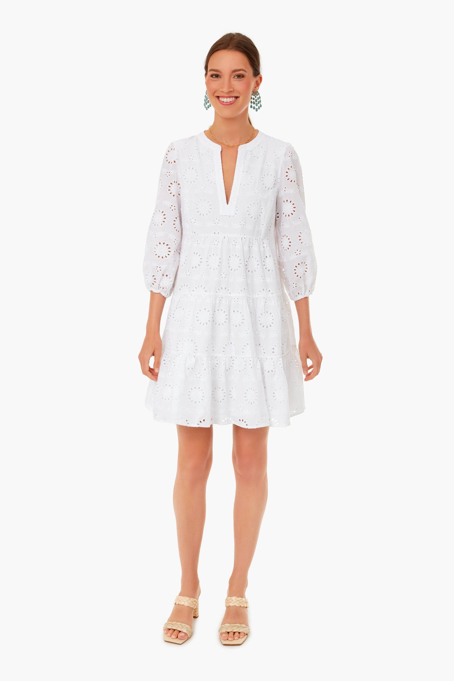 White Eyelet Long Sleeve Tunic Dress