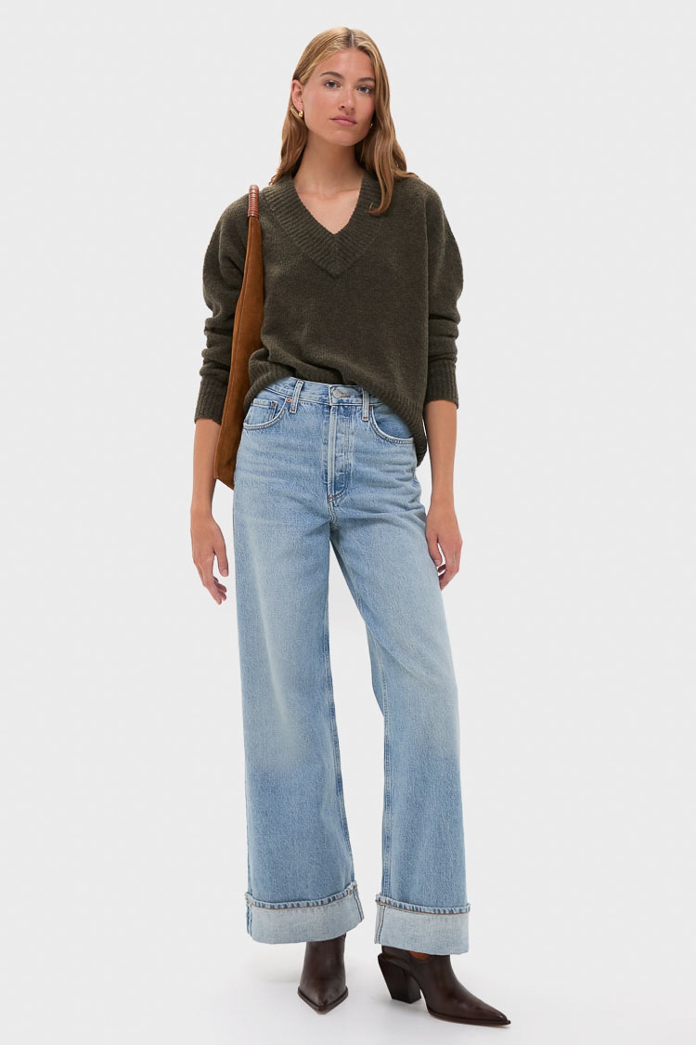 Olive Wool Boxy V-Neck Sweater
