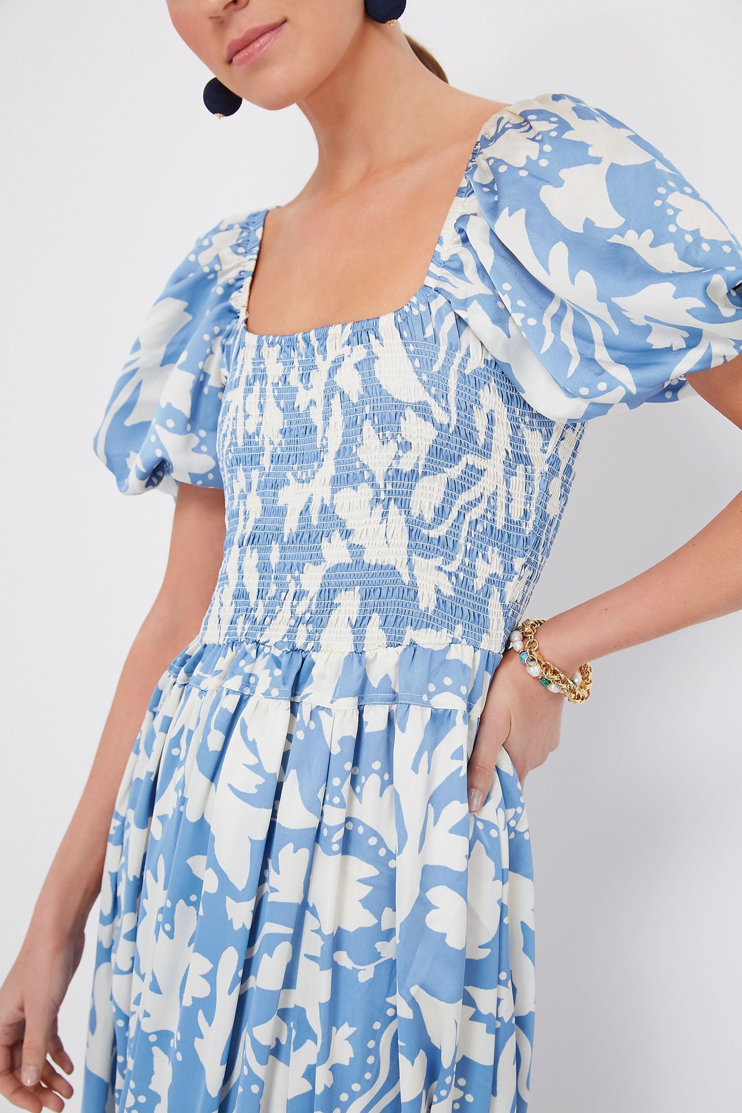 Blue Puff Sleeve Midi Dress