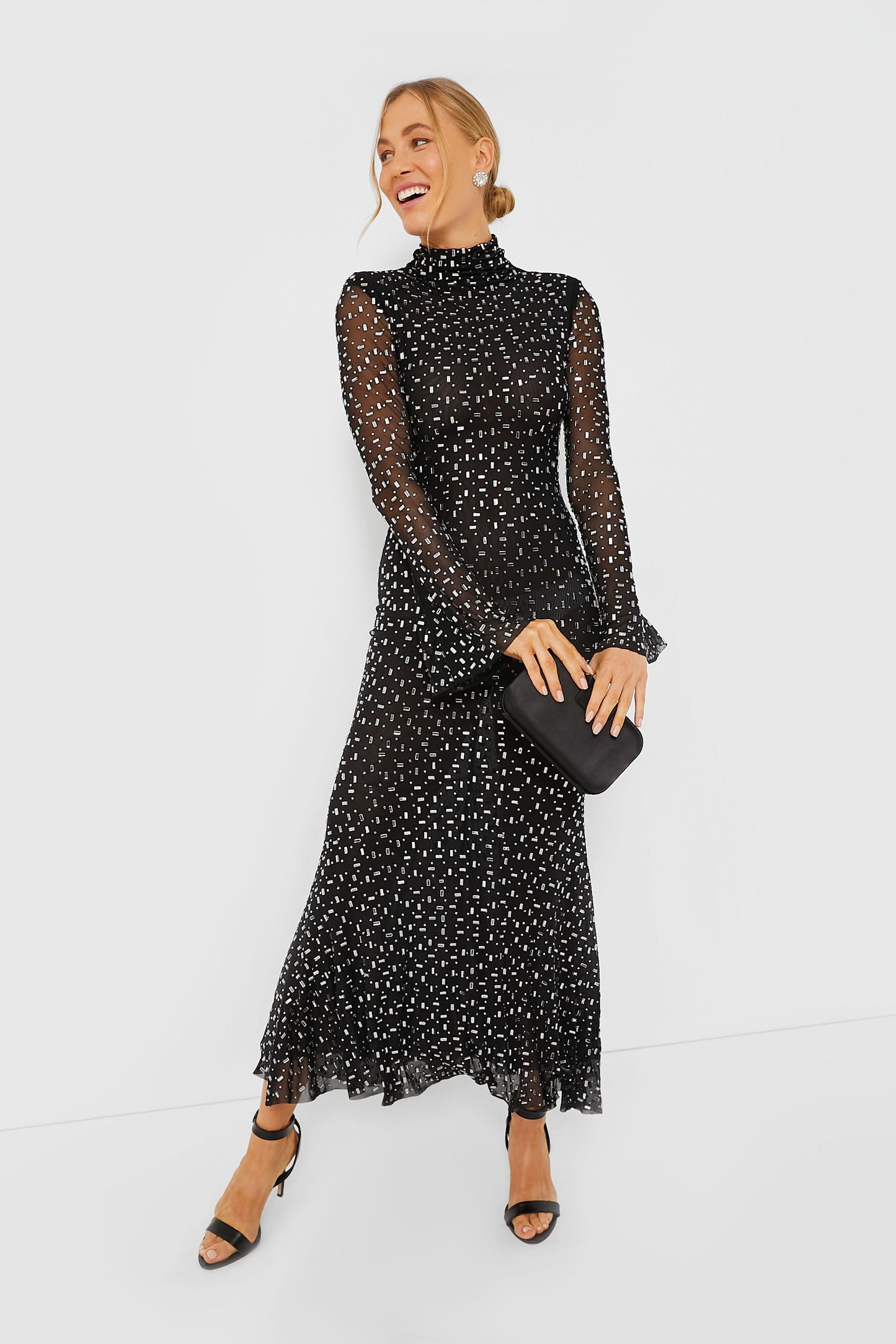 Black Square Rhinestone Mesh Midi Dress