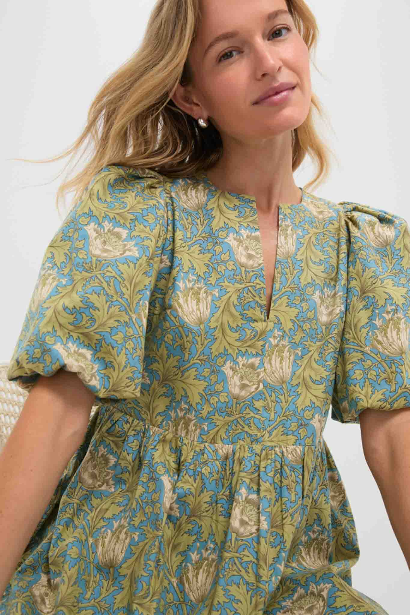 Blue and Green Leafy Floral Cisco Maxi Dress