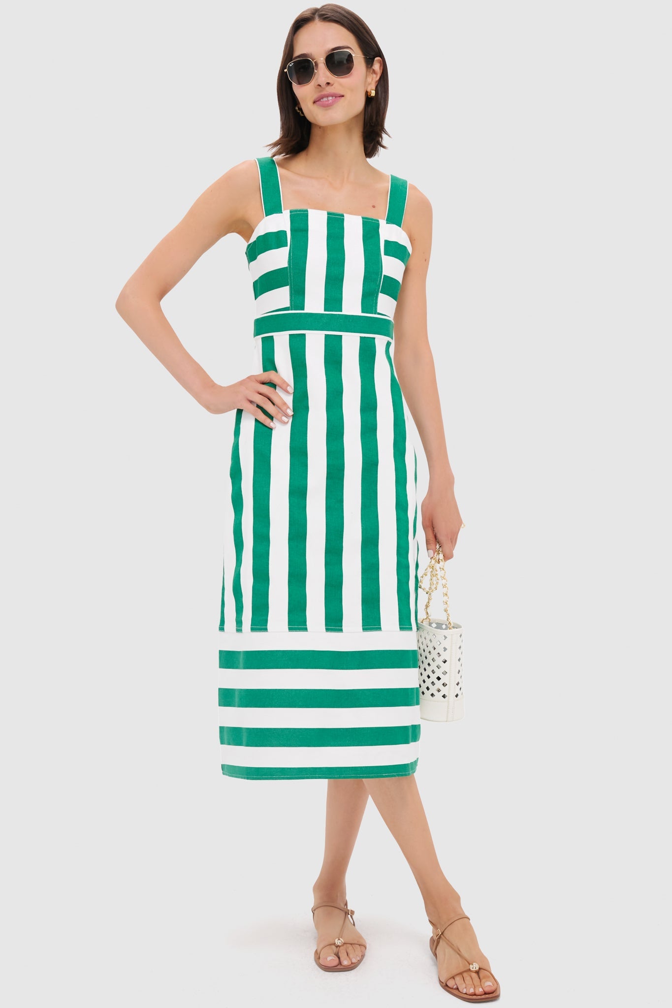 Green and White Striped Hooper Denim Midi Dress