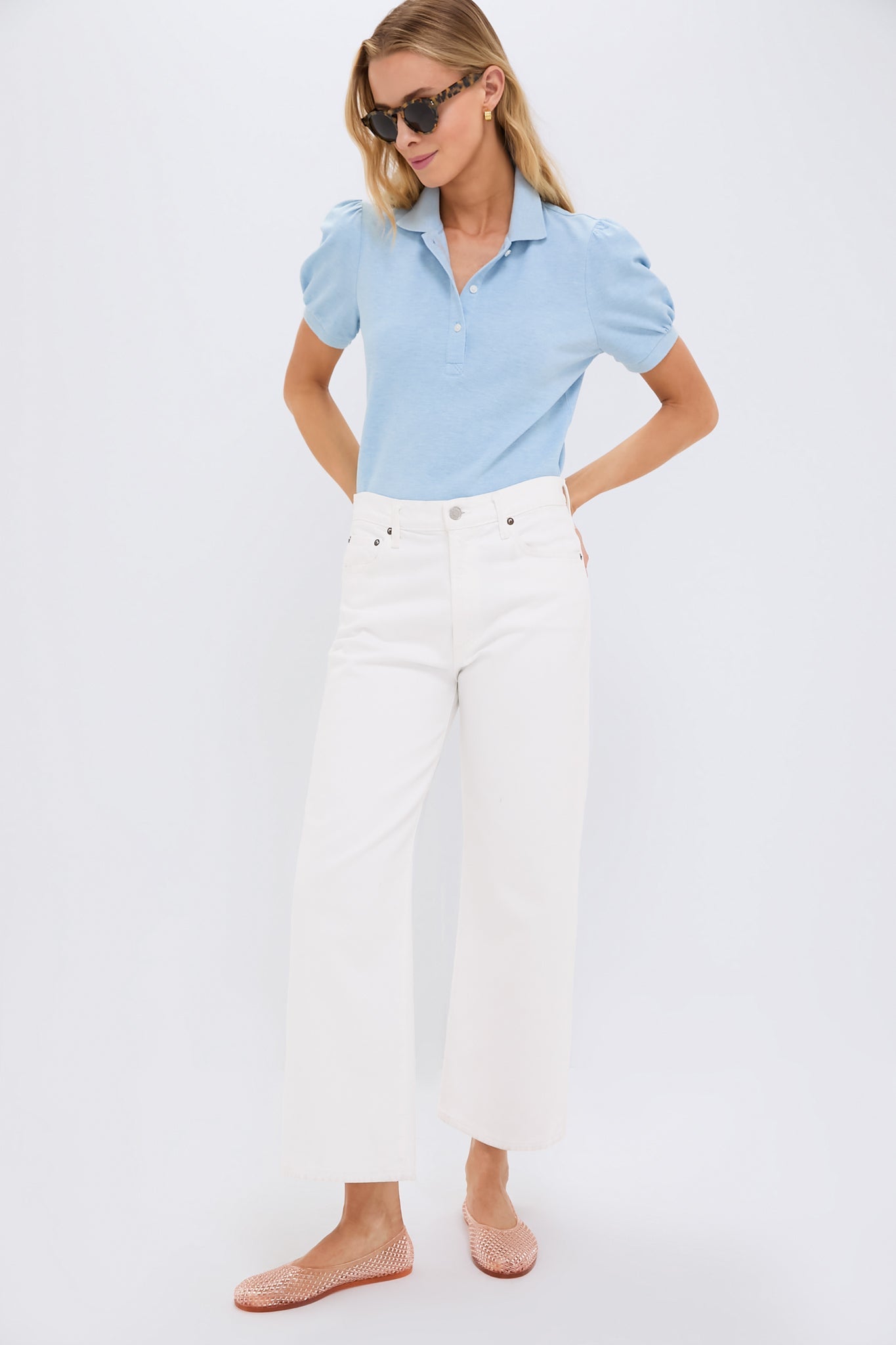 Light Blue Pique Puff Sleeve Peggy Polo
