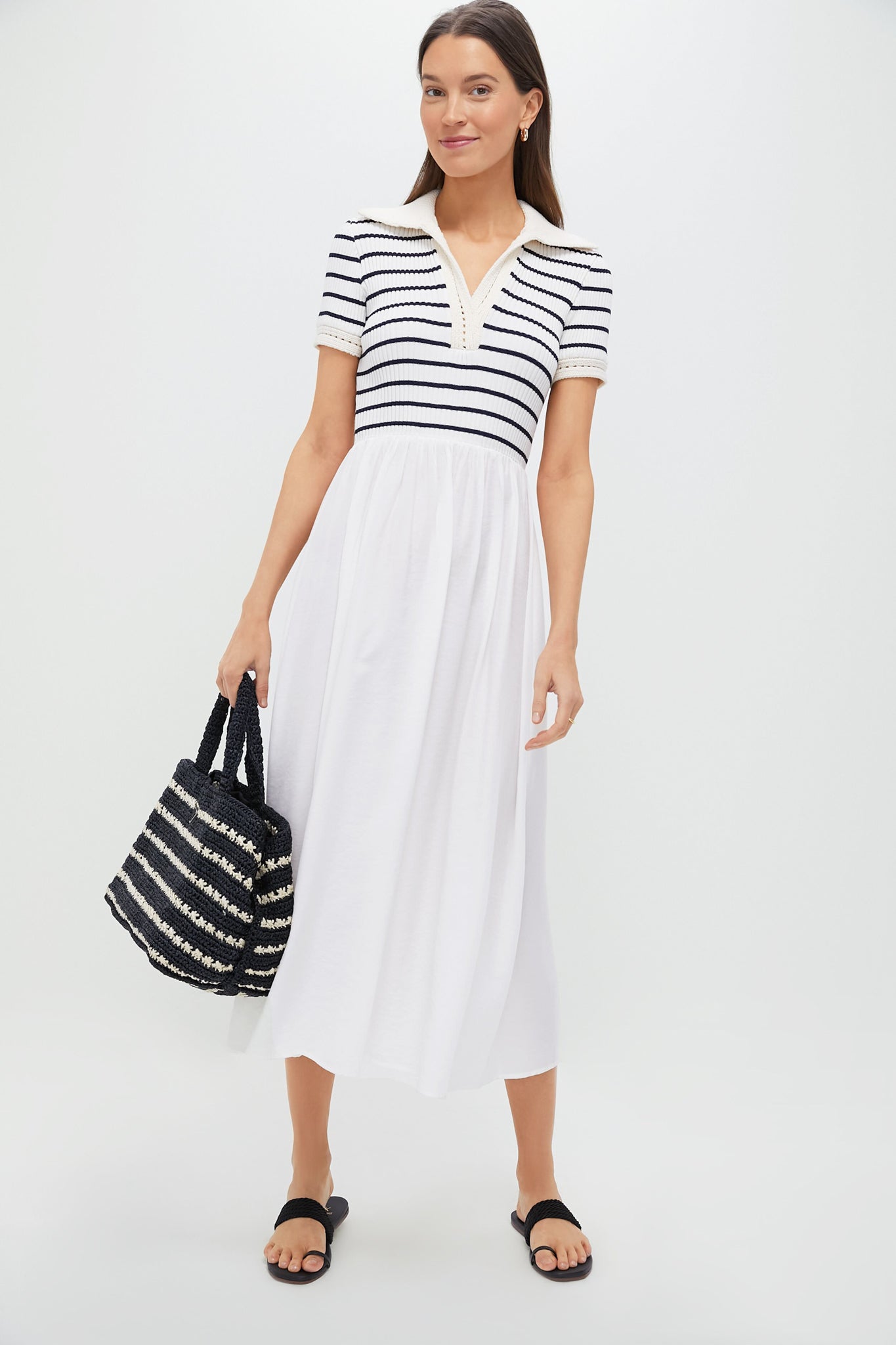 Ivory Striped Polo Midi Dress