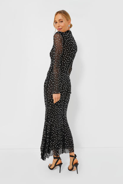Black Square Rhinestone Mesh Midi Dress