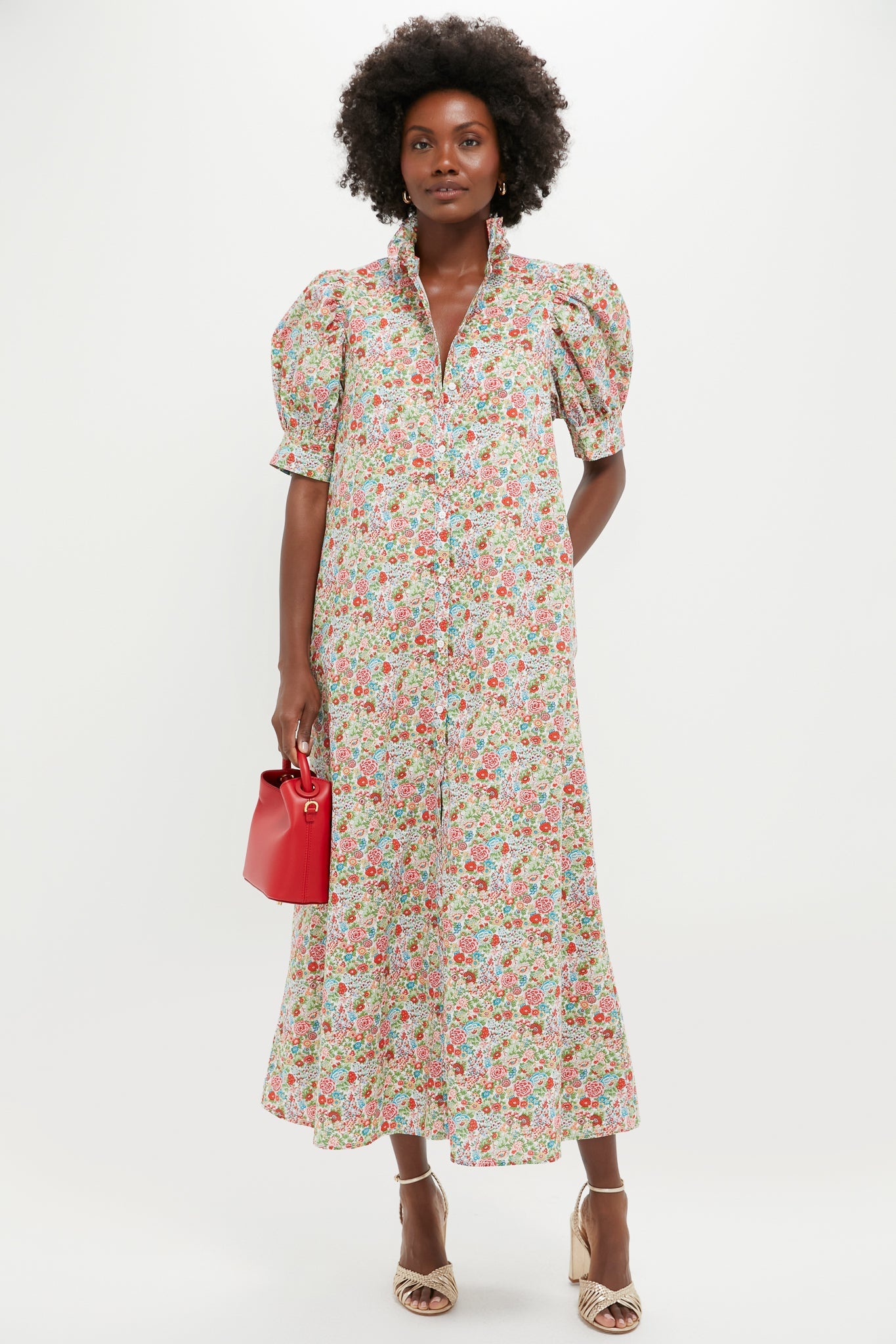 Red Floral Ruffle Collar Louisa Maxi Dress
