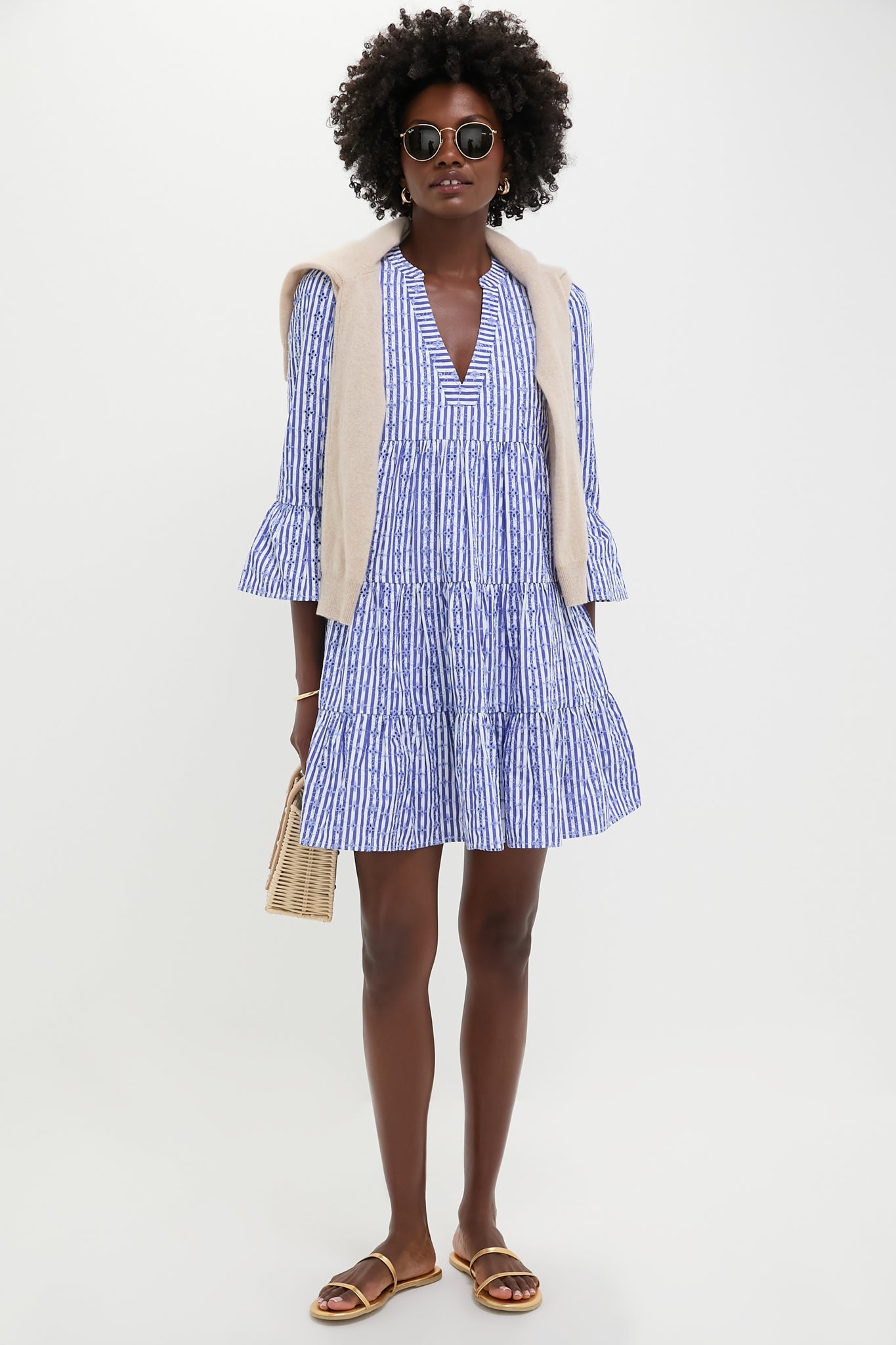 Blue Stripe Floral Embroidered Lanie Dress