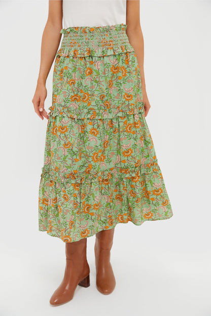 Mint and Orange Floral Smocked Odette Midi Skirt