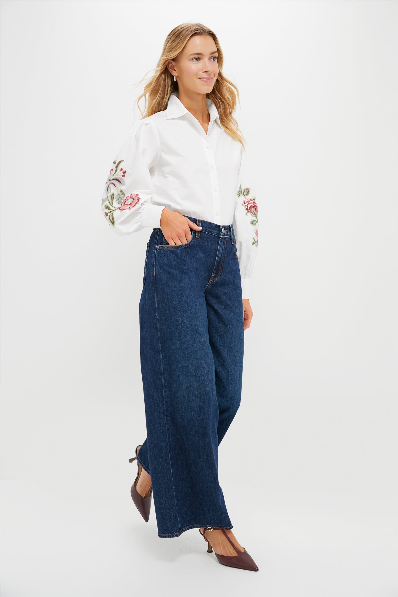 White Floral Embroidered Carolina Button Down