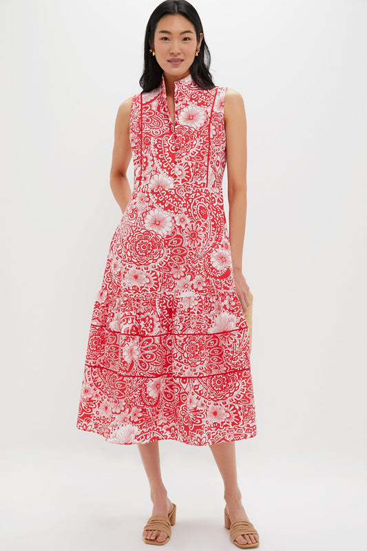 Sleeveless Red & White Floral Hillsborough Midi Dress