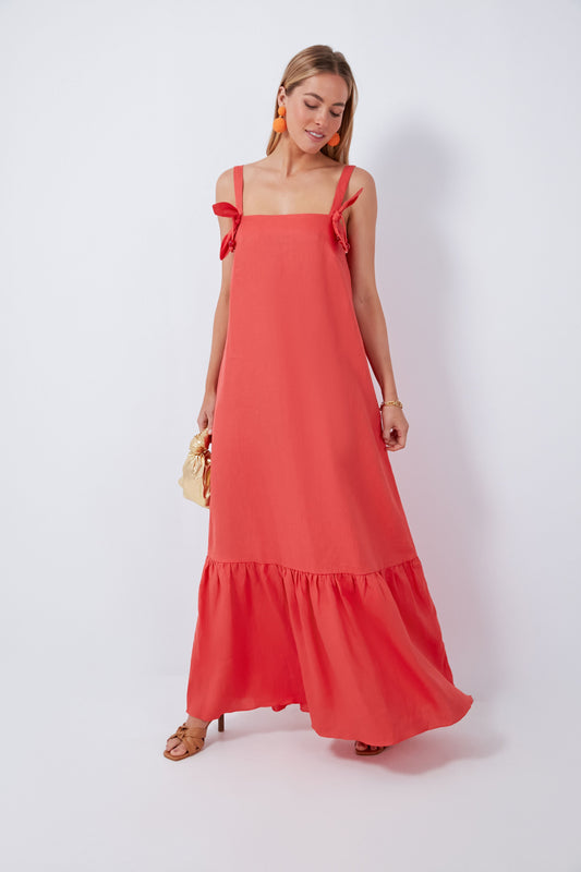 Red Cherry Bomb Solid Long Dress with Straps