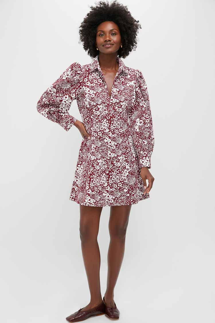 Maroon Floral Front Zip Begonia Mini Dress