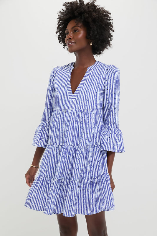 Blue Stripe Floral Embroidered Lanie Dress