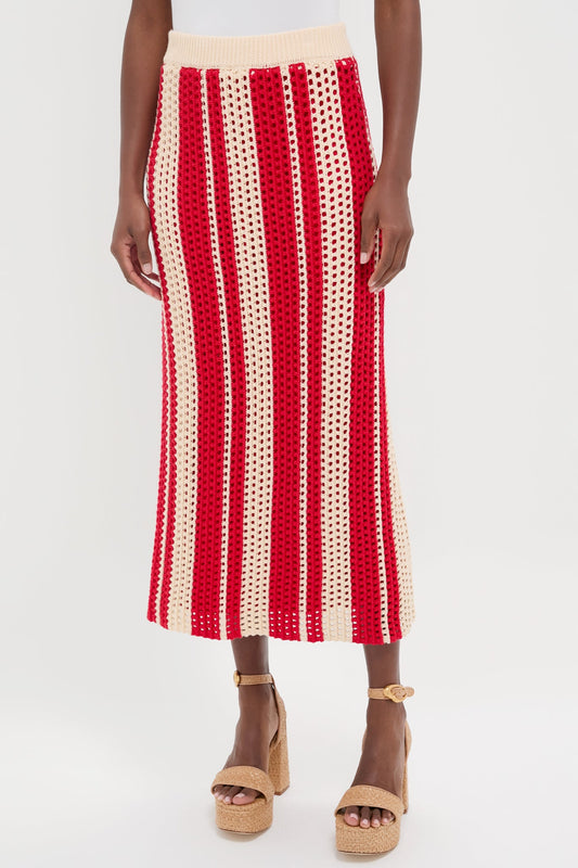 Burnt Red & Beige Striped Knit Ren Midi Skirt
