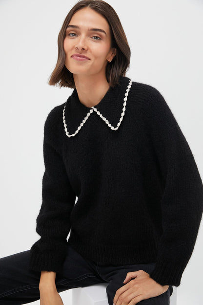 Black with Soft White Crochet Collar Pullover
