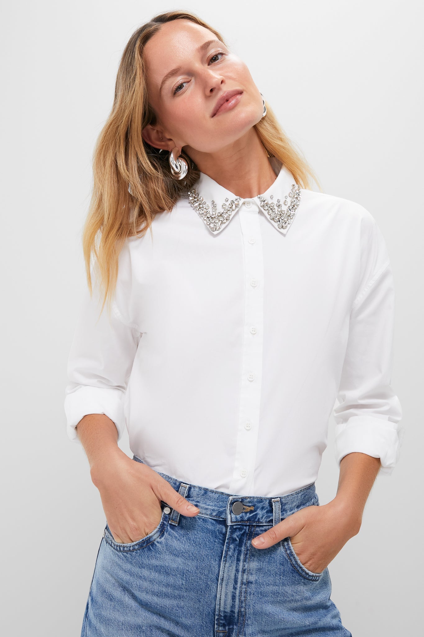 White Embellished Cropped Jasper Button Down