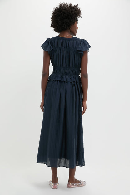 Navy Flutter Sleeve Tie Front Midi Dress