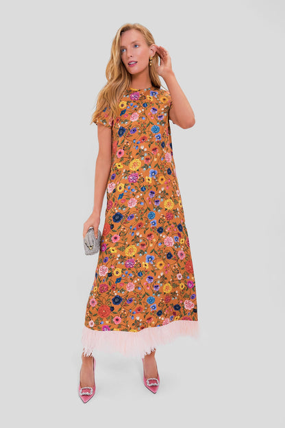 Botticelli Rust Short Sleeve Swing Dress with Feathers