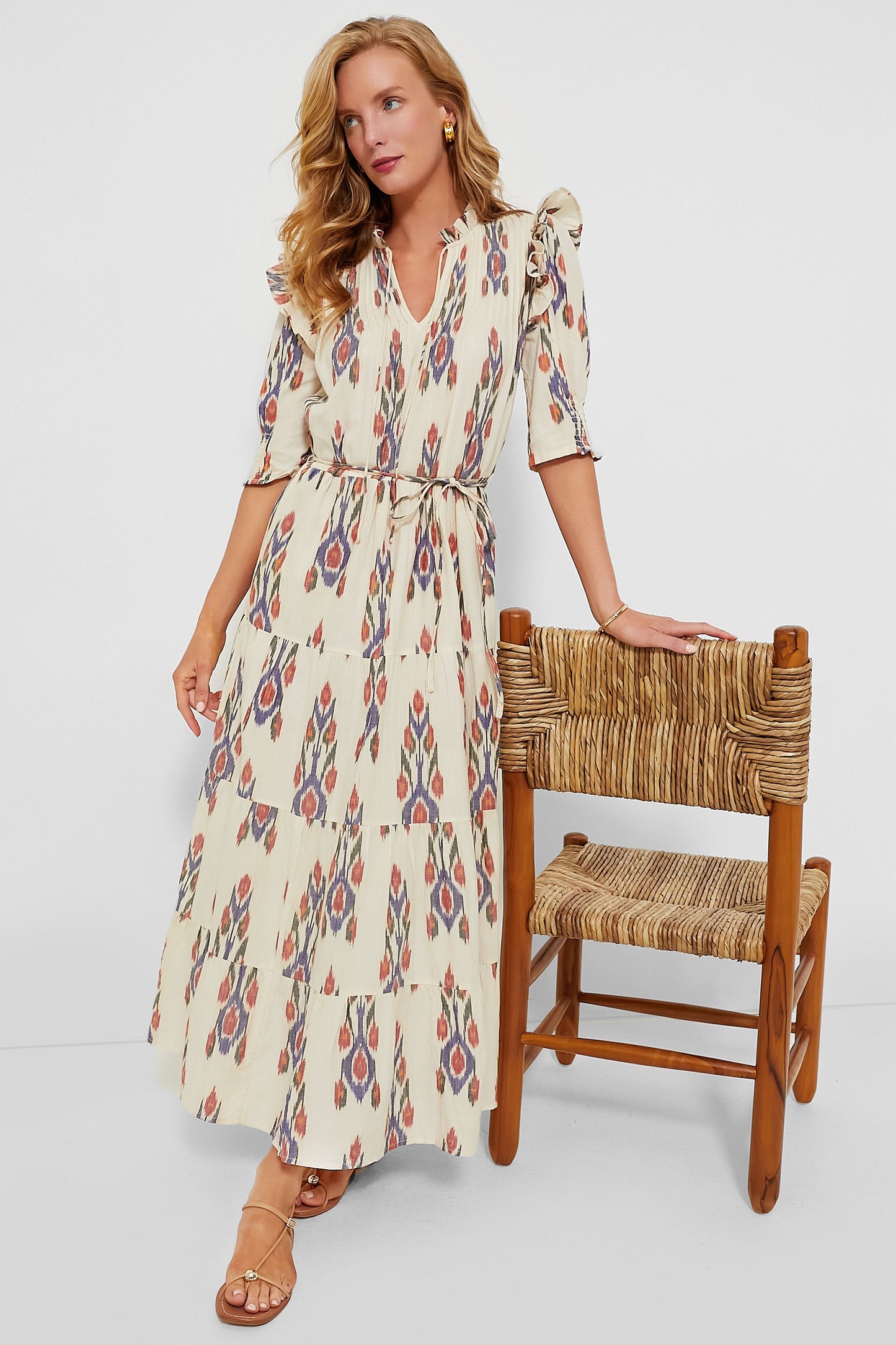 Sanford Cream Cinched Pintuck Maxi Dress