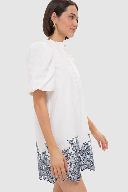 White & Navy Embroidery Mimi Mini Dress