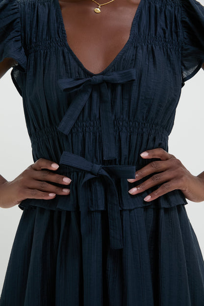Navy Flutter Sleeve Tie Front Midi Dress