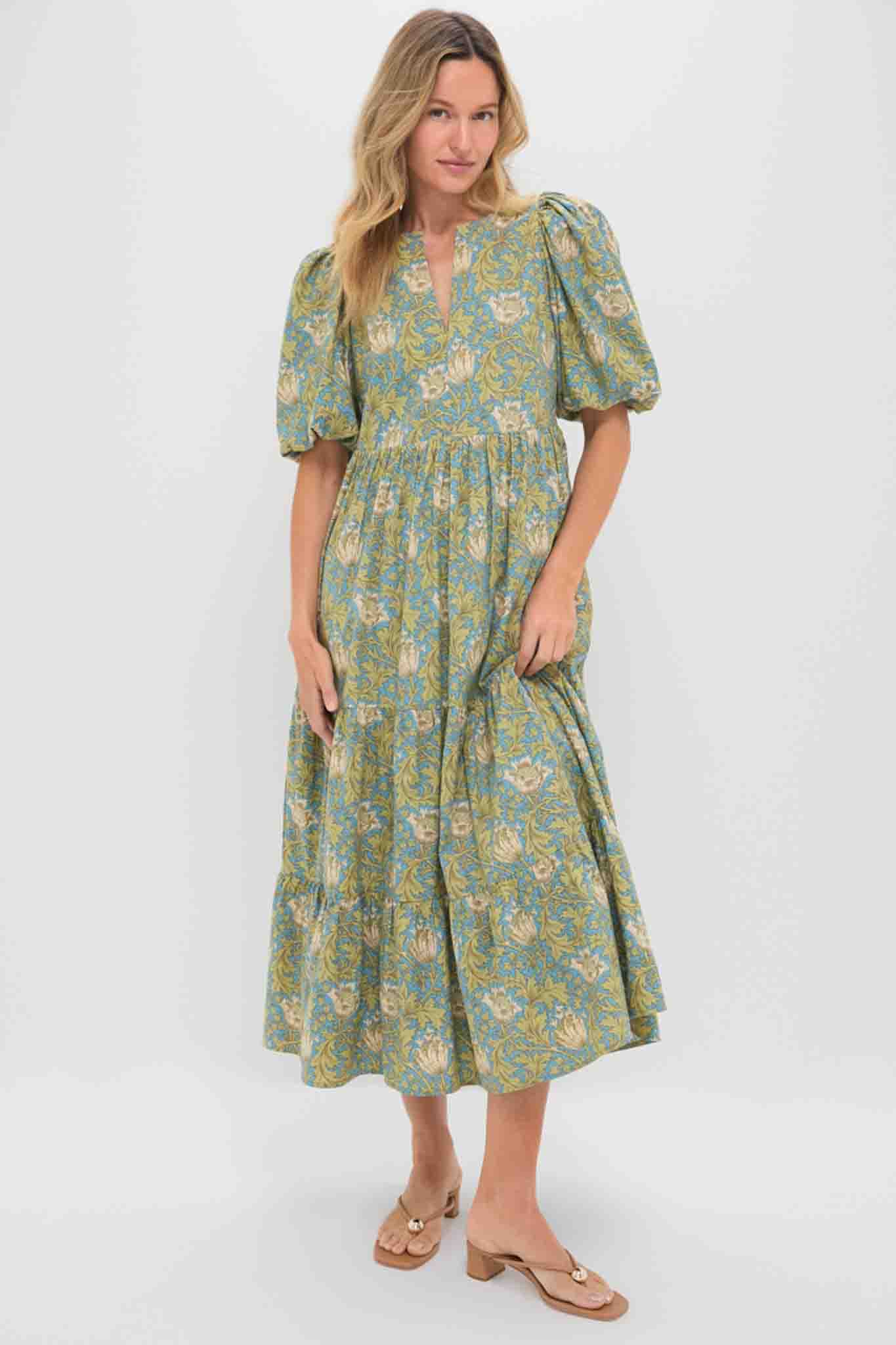 Blue and Green Leafy Floral Cisco Maxi Dress