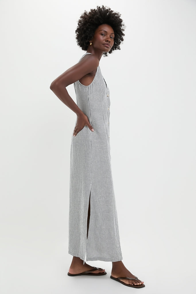 Deep Navy Striped Air Linen Button Down Maxi Dress