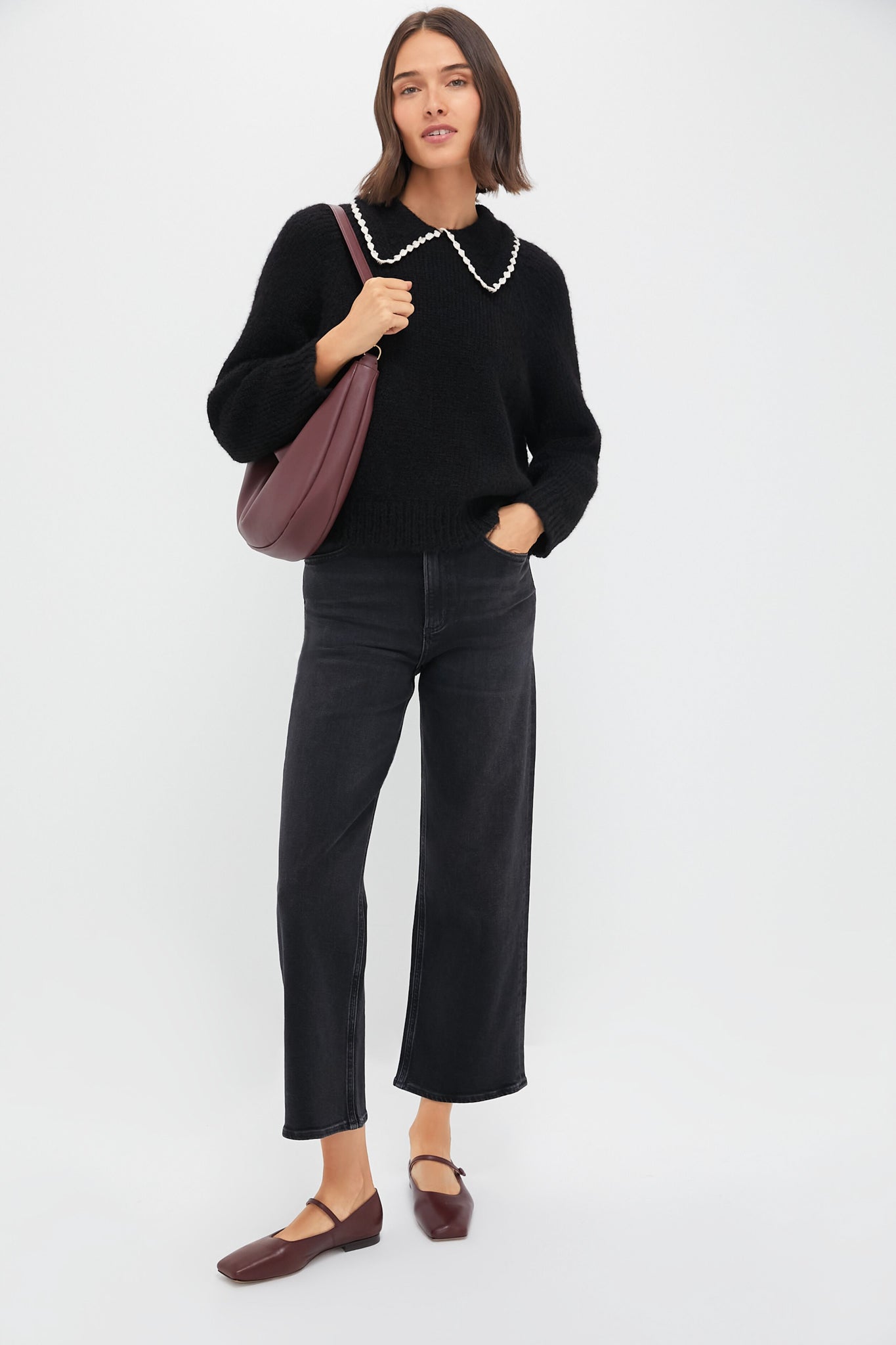 Black with Soft White Crochet Collar Pullover