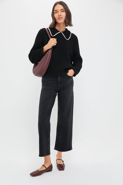 Black with Soft White Crochet Collar Pullover