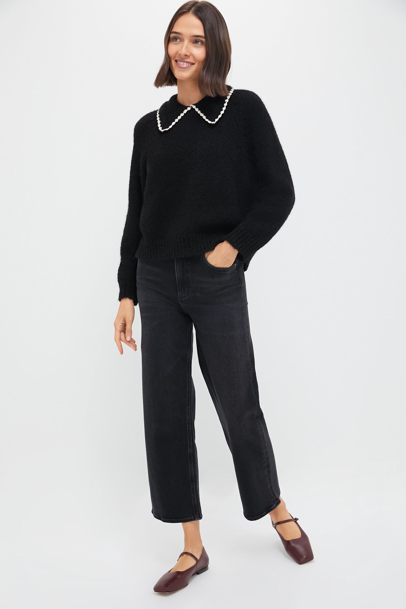 Black with Soft White Crochet Collar Pullover