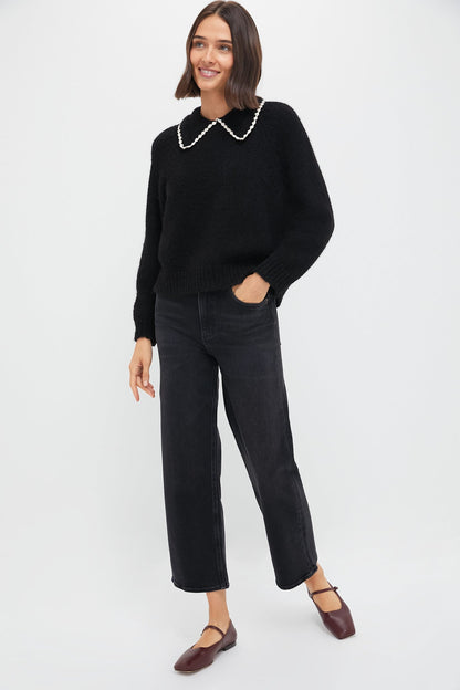 Black with Soft White Crochet Collar Pullover