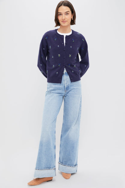 Blue Floral Embellishment Navy Elsie Cardigan