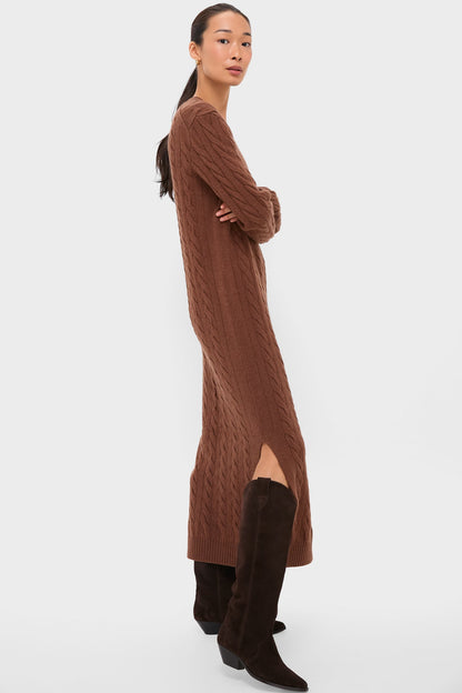 Gingerbread Brown Melange Alpaca Blend Sweater V-Neck Long Sleeve Dress