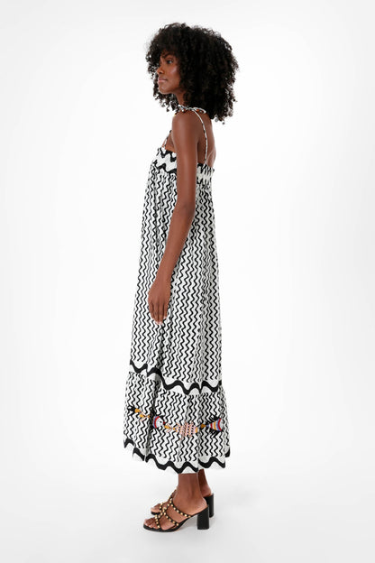 Black Ripple Tie Strap Smocked Straight Midi Dress