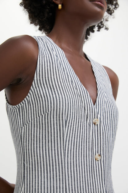 Deep Navy Striped Air Linen Button Down Maxi Dress