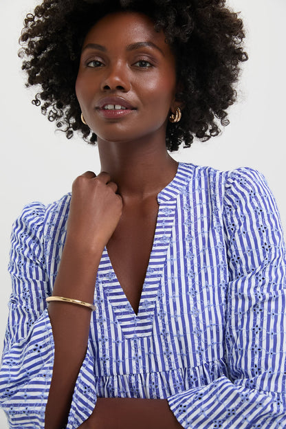 Blue Stripe Floral Embroidered Lanie Dress