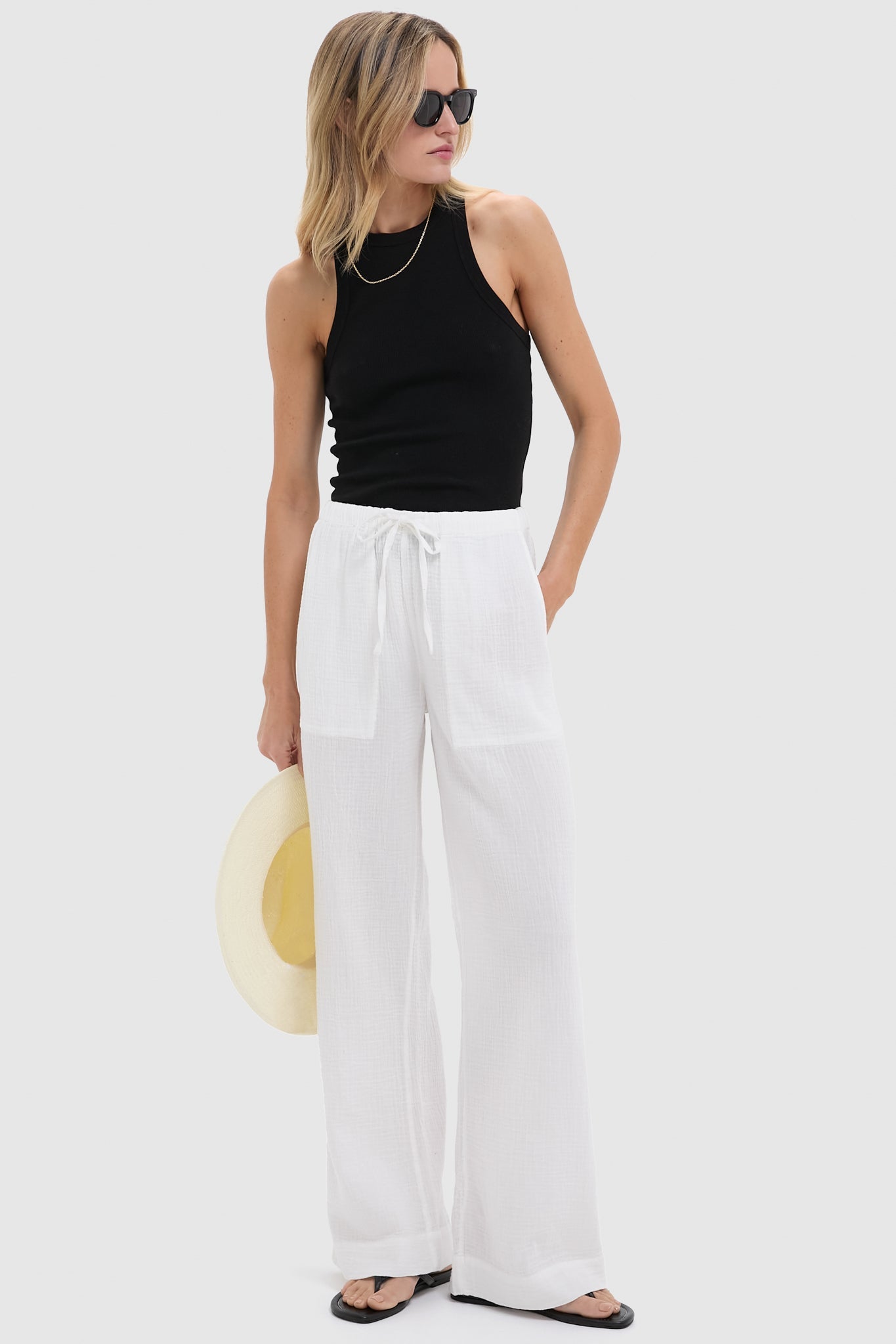 White Dune Cotton Gauze Wide Leg Pant