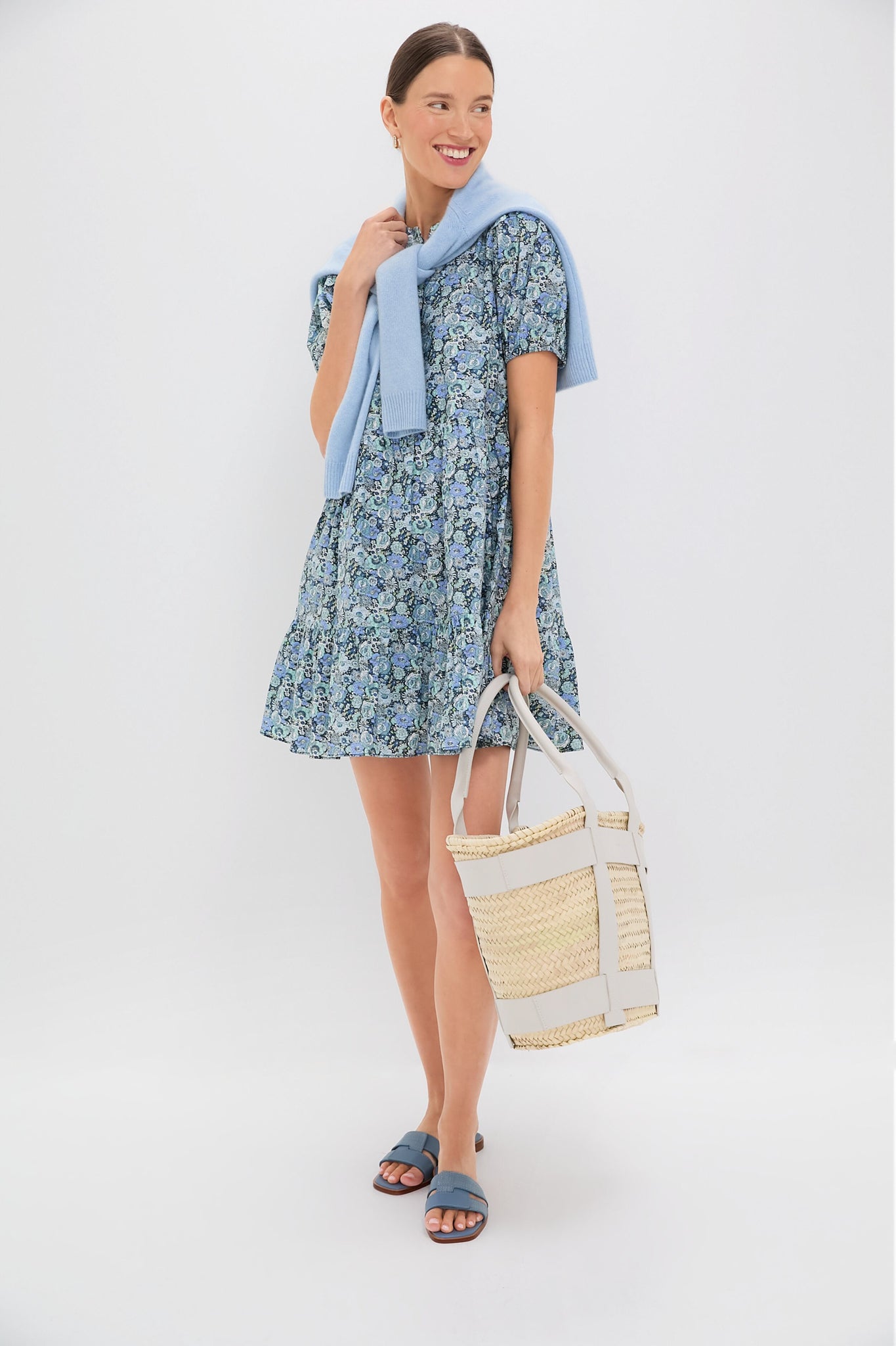 Light Blue Ditsy Floral Zip Front Ellie Mini Dress