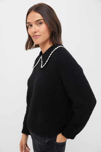 Black with Soft White Crochet Collar Pullover